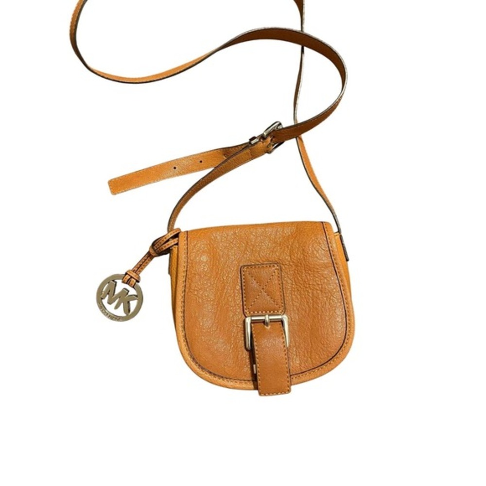 Michael Kors Saddle Flap Pebbled Leather Crossbody Bag Tan Acorn Silver Hardware